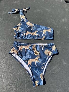 Blue One-Shoulder Leopard Print Bikini Set, Size Small, NWOT